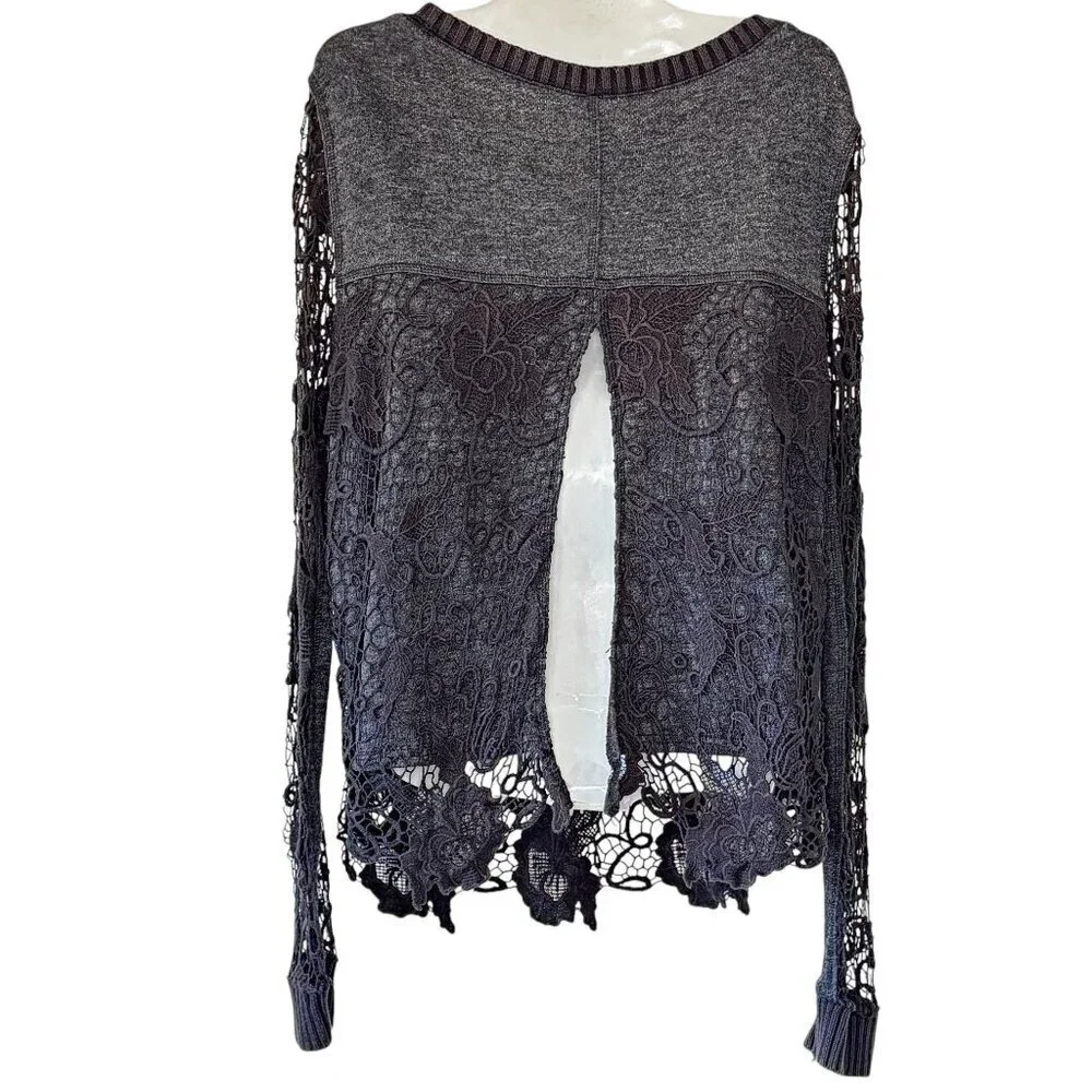 Free People Pretty Rad Sweater Graphite Grey Round Neck Crochet Lace Goth Medium